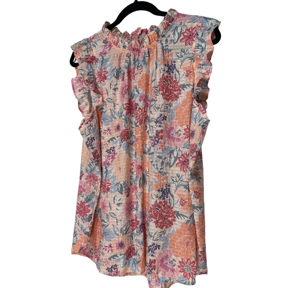 LOFT Floral Ruffle Neck Sleeveless Blouse Peach Pink Green Blue Size XL